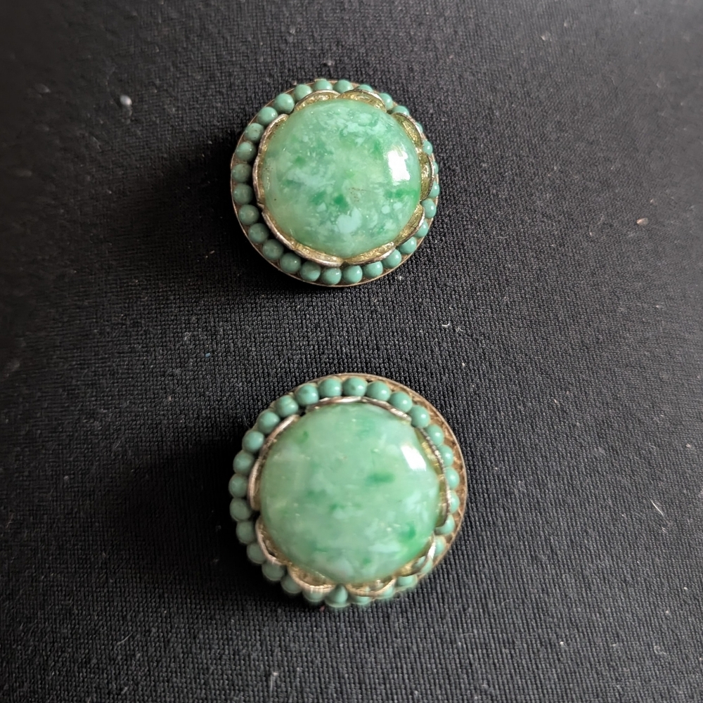 Green Cabochon Round Earrings with Beaded Halo